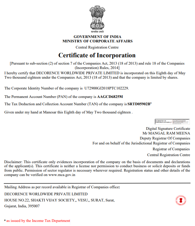 Certificate of Incorporation - Decorence Worldwide Private Limited
