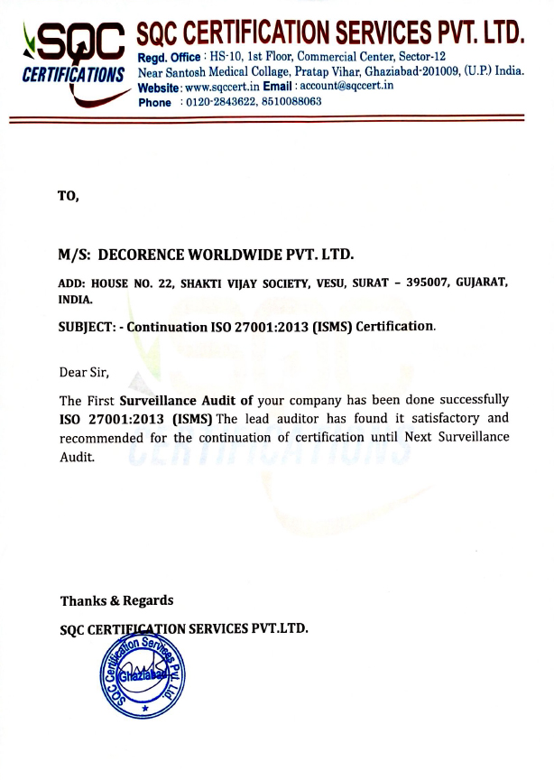 ISO 27001:2013 Surveillance Audit Letter – SQC Certification Services Pvt. Ltd.